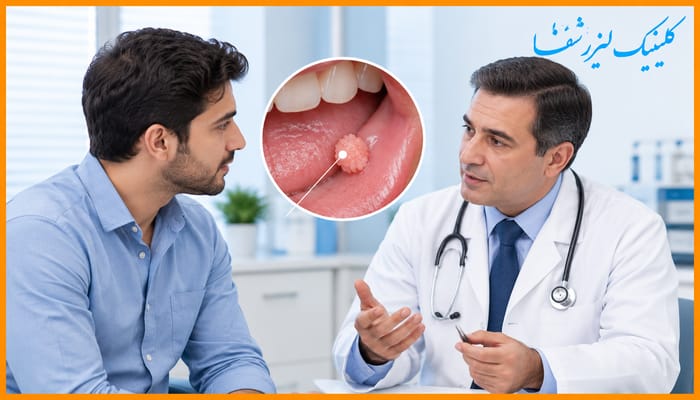 تصویر آموزشی گفت‌وگوی بیمار با پزشک درباره ضایعه احتمالی HPV در دهان